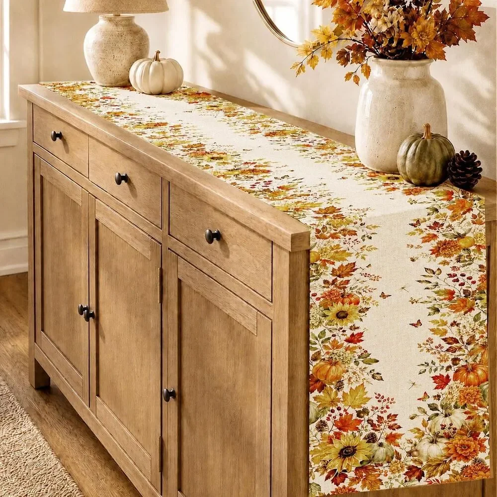 Fall Table Runner Pumpkin Sunflower Leaf Farmhouse Polyester 13 x 72-in Gift NEW